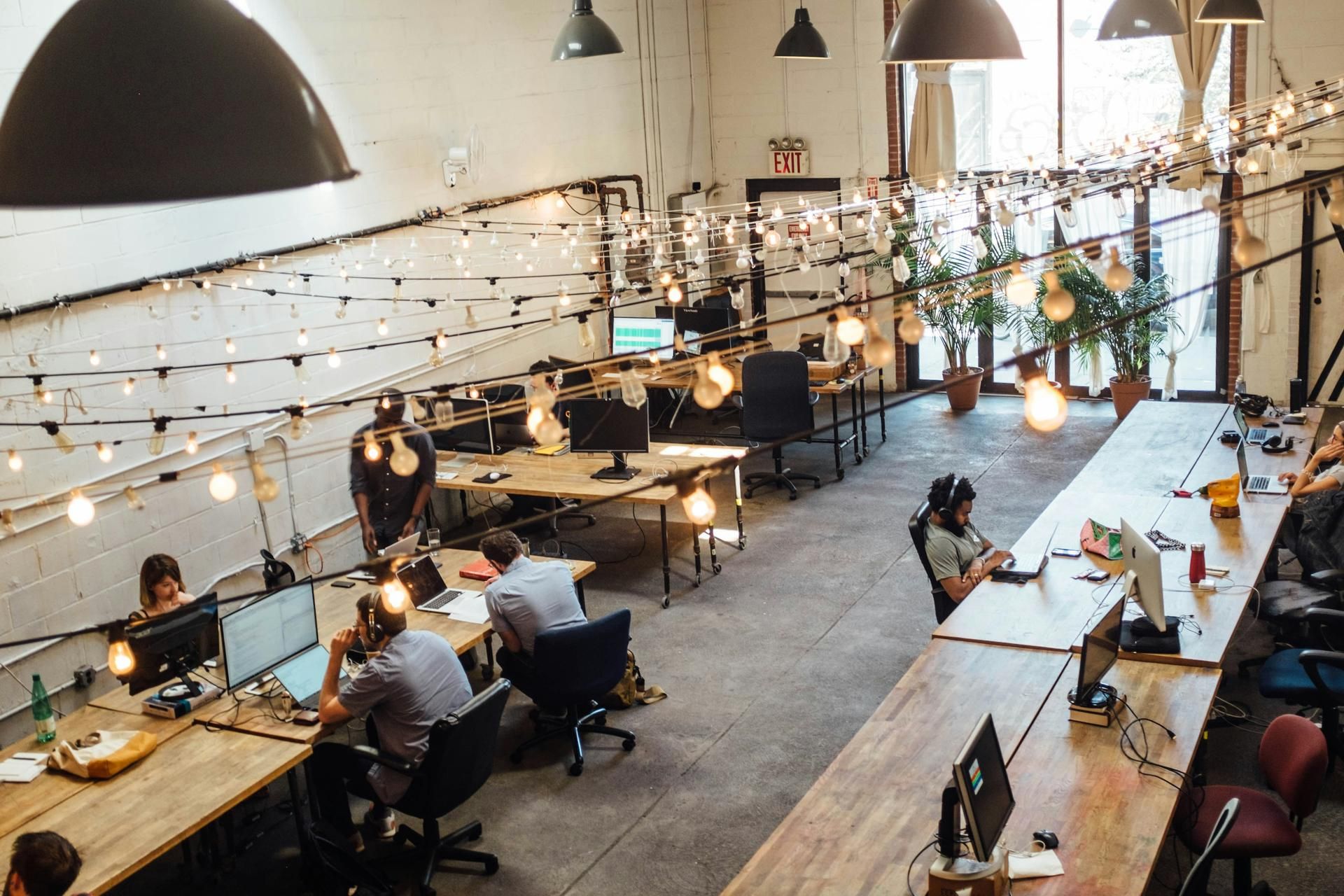 a group of freelancers at a co-working facility, indoors